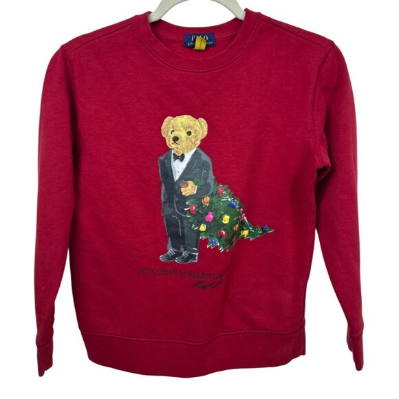 Polo Ralph Lauren Kid's M (10-12) Red Sweatshirt Polo Bear Christmas Tree - Picture 1 of 7